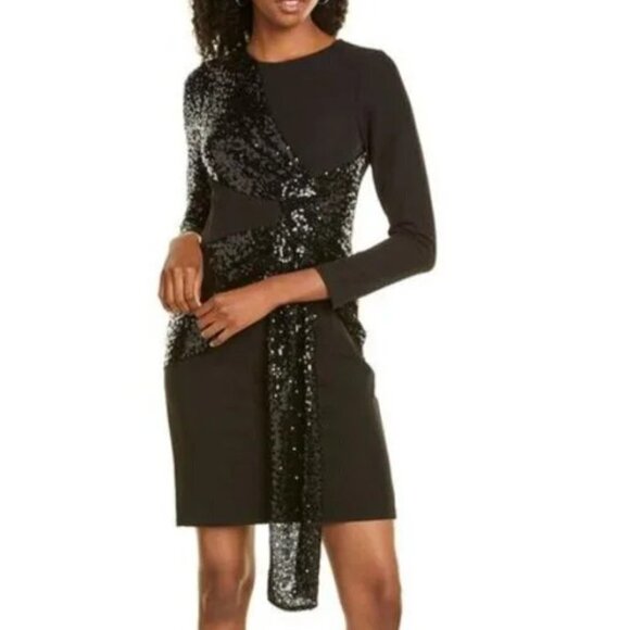 NWT Aidan by Aidan Mattox Sequin Drape Long-sleeve Crepe Sheath Dress Size 2 - Picture 2 of 10